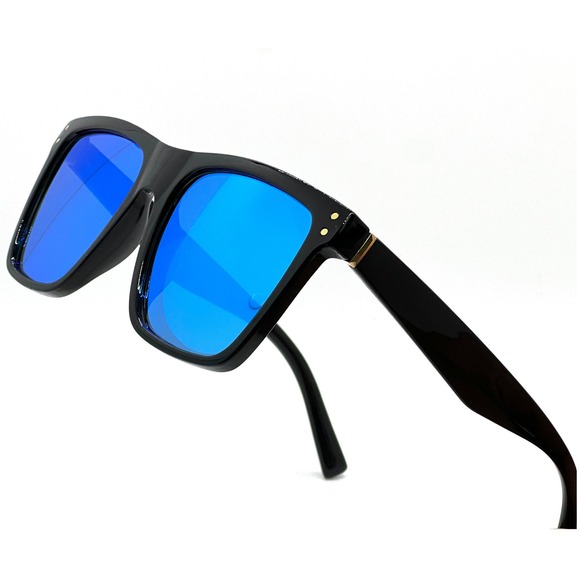 Square Sunglasses Men Blue Mirrored Lens Fashion Shades Light Weight Trendy‎ New - Picture 1 of 6